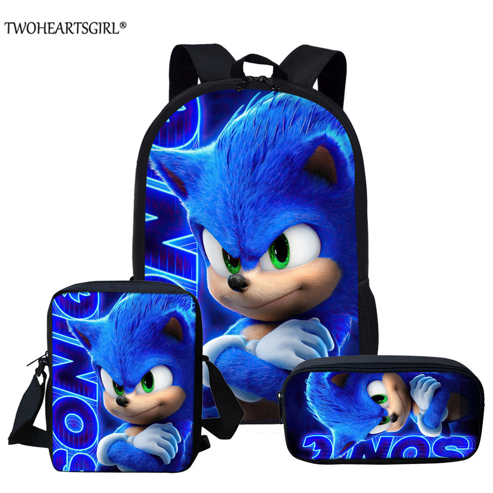 Twoheartsgirl 3pcs/set Sonic the Hedgehog Print School Bags for Teenager Girls Kids Cartoon School Backpack Student Bookbags LJ200917