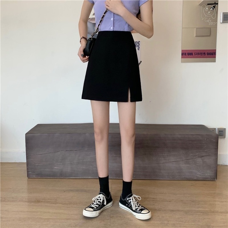 

2021 New summer solid color simple city fashion waist high trim suit leg skirt a-line short division 5UVS, Black