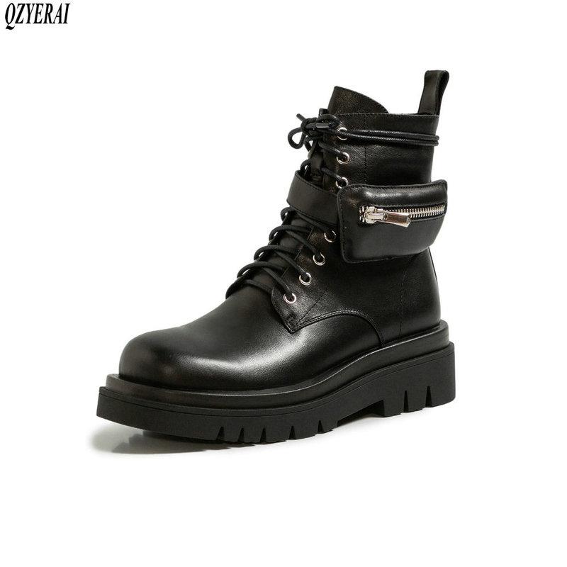 

2020 New Winter British Style boots women thick bottom pocket motorcycle boots breathable leather ankle fashion, Black