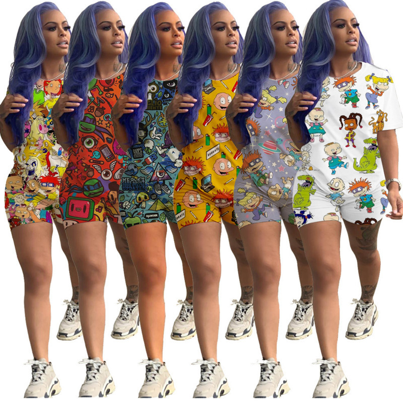

Fashion Cartoon Printed Casual Womens Designer Tracksuits Short Sleeve Outfits 2 Piece Shirt + Pant Sport Suits Clubwear A01, Gray