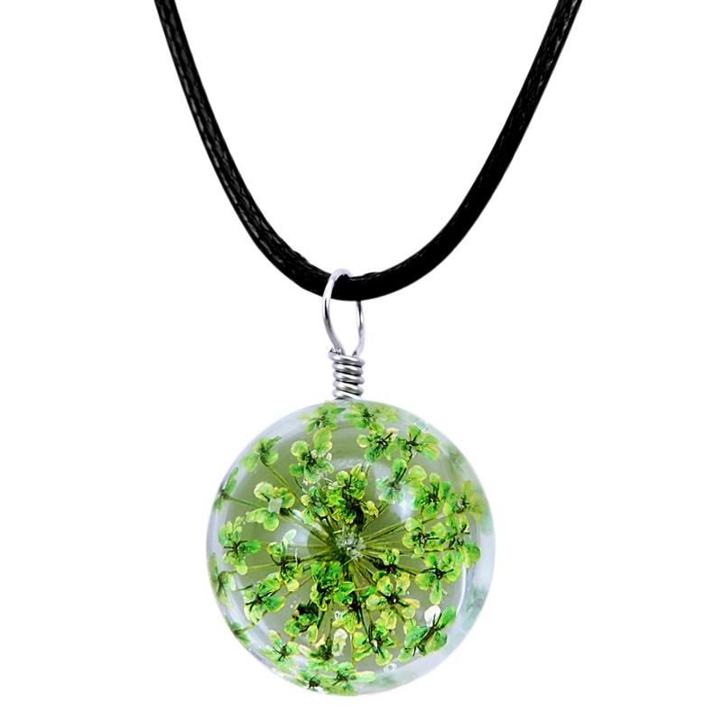 

Houbian Glass Balls Necklace Natural Green Dried Flower Pendant Jewelry Women's Favorite Black Leather Glass Ball Necklace Gifts