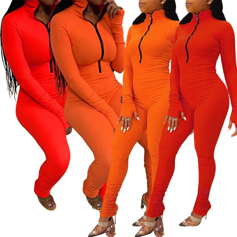 

58LL6302 Autumn Winter Women Casual Fashion Sports Home Solid Pleated Jumpsuit Playsuit Rompers Plus Size Joggers Hot, Orange
