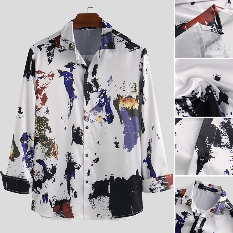 

INCERUN Mens Printed Shirts Long Sleeve Turn Down Collar Shirt Man Casual Breathable Blouse Fashion Holiday Loose Dress Shirts, White