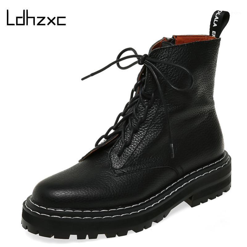 

LDHZXC 2020 Autumn Winter Quality Genuine Leather Punk Short Boots Lace Up High Heels Women Ankle Boots Party Shoes Woman1, Black