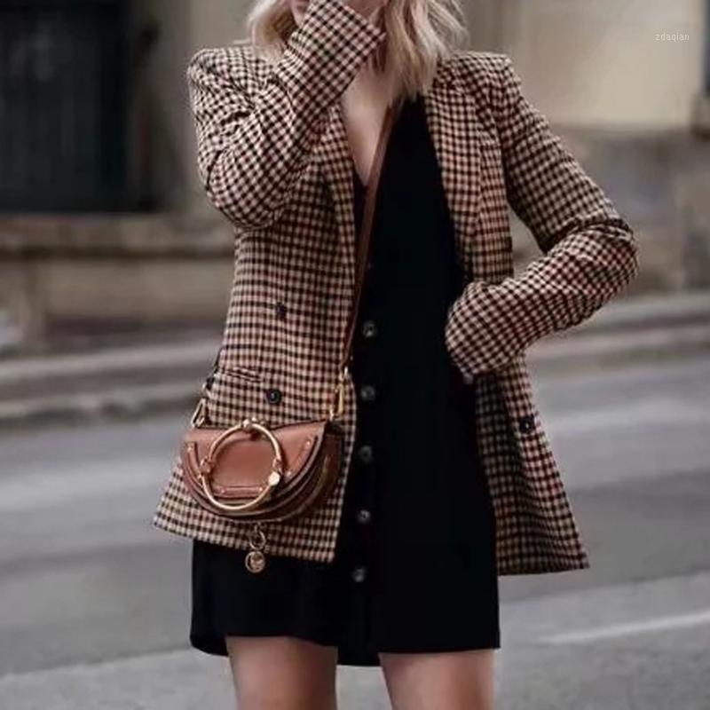 

Fashion Autumn Women Plaid Blazers and Jackets Work Office Lady Suit Slim Double Breasted Business Female Blazer Coat Talever1, Coffee