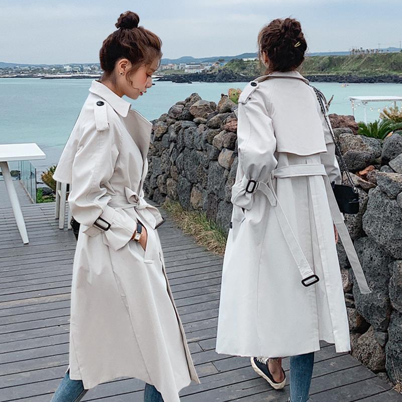 

Fashion New Double-Breasted Women Trench Coat Belted Slim Lady Over-knee British Style Female Outerwear Spring Autumn Clothes, Blue