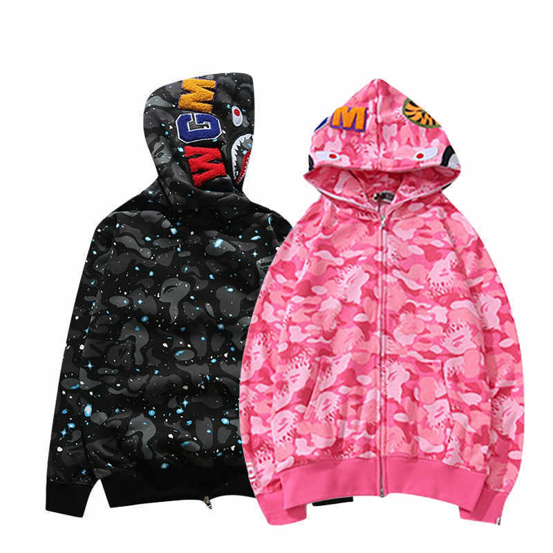 

Baped Shark Camouflage Print Sweatshirt Men Harajuku Graffiti Autumn Winter Hooded Hoodies Hip Hop Long Sleeve Coat Women Jacket, Blue