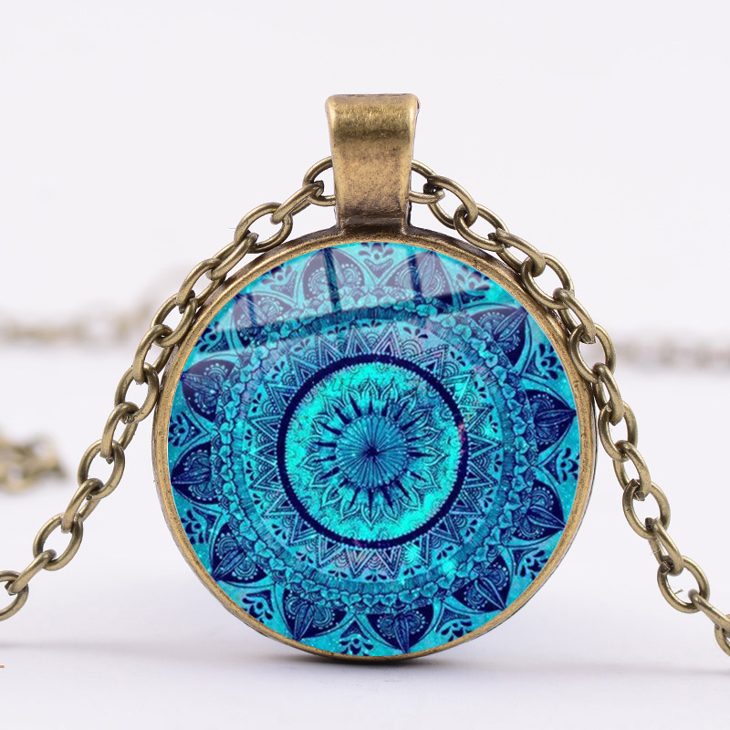 

Blue Charm Mandala Necklace Buddhism Chakra Om India Zen Yoga Symbol Glass Dome Pendants Jewelry Lucky Amulet for Unisex