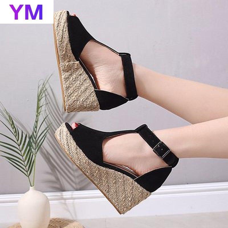 

New Style Women Sandals Round Toe Peep Toe Fish Mouth Sandals Fashion Wedges Heel Buckle Strap Outdoor Casual Shoes Size 36-42, Black