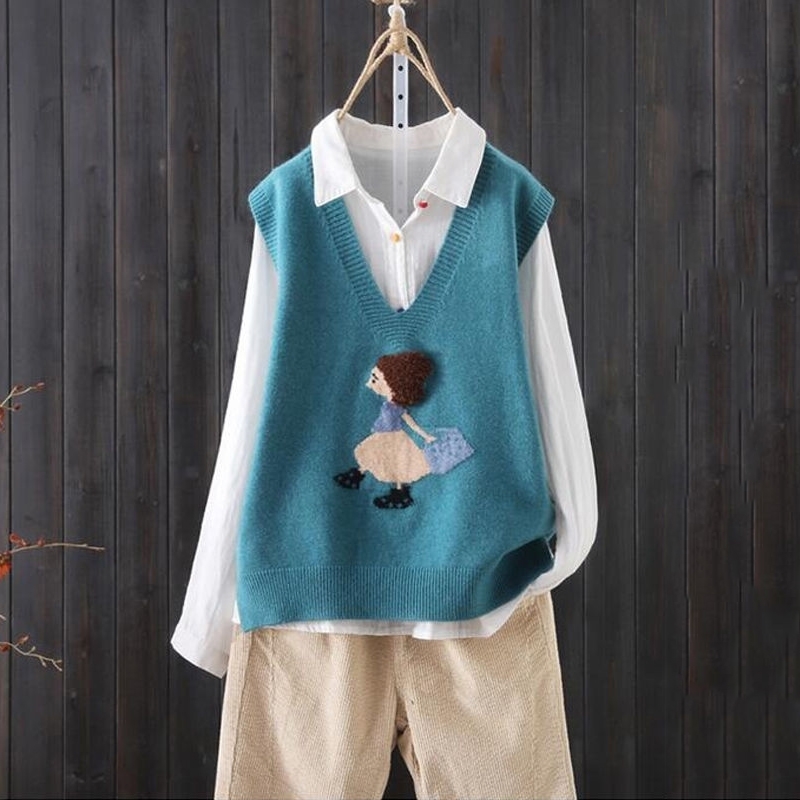

Loose V-neck Knitted Sweater Vest Female Cartoon Embroidery Pattern Sleeveless Simple Commuter Fashion Sweater Vest Women Spring 201111, Beige