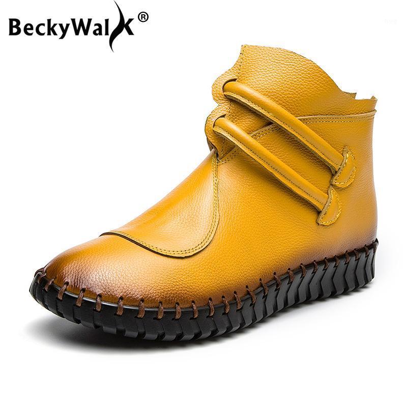

BeckyWalk 2021 New Winter Boots Women Genuine Leather Handmade Oxford Shoes Women Plush Ankle Boots Lady Flat Snow WSH30681, Black long
