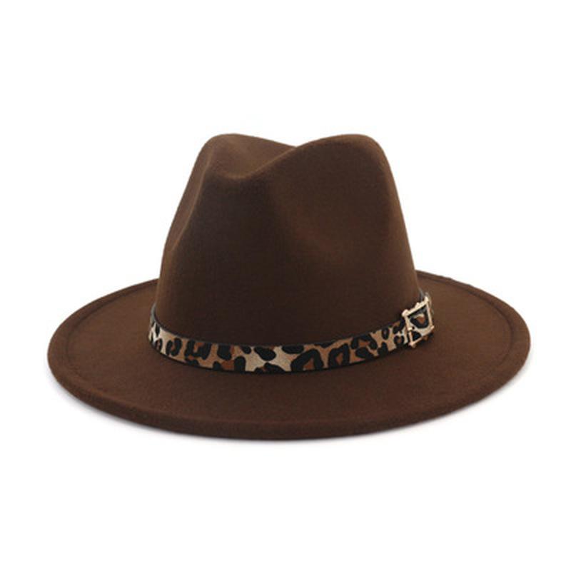 

fedora hats women men wide brim solid color leopard band belt winter hats casual vintage khaki black white street felt women hat, Camel