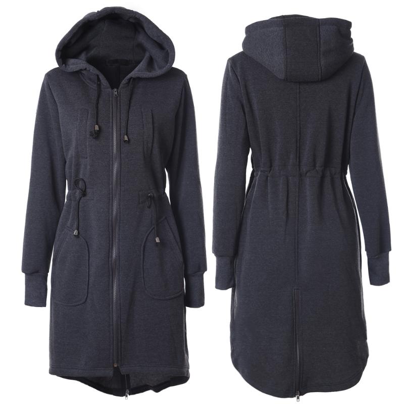 

Winter Women Long Sleeve Hooded Sweatshirt Long Coat Drawstring Waist Warm Thicken Zipper Outerwear Hoodies Jacket Female Coats, Black