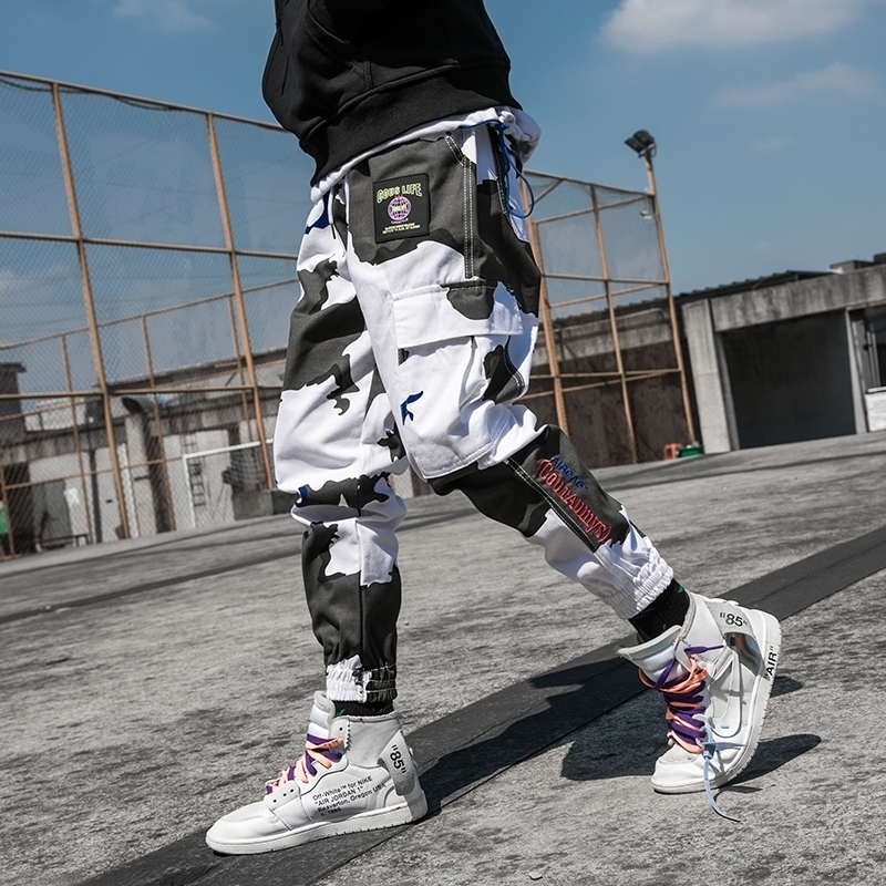 

Man Jogger Camouflage Side Pockets Loose Style Men's Sweatpants Fashion High Street Casual Pants 201125, Black