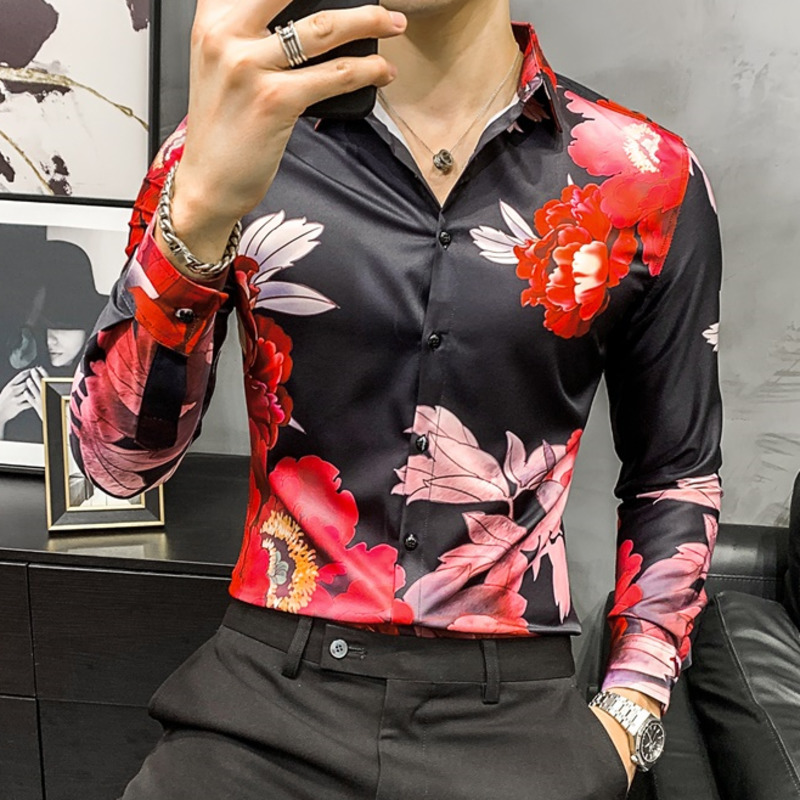 

2020 Girl Fashion Printing Long, Casual Male Sleeve Business Shirt Premium Spring Shirts Black Men's Clothes Yeyk, White