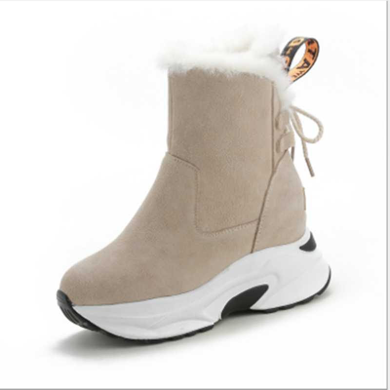 

Winter Genuine Leather Platform Women's Boots 2020 New Fashion Round Head Warm Boots Casual Comfort Lacing Snow, Beige
