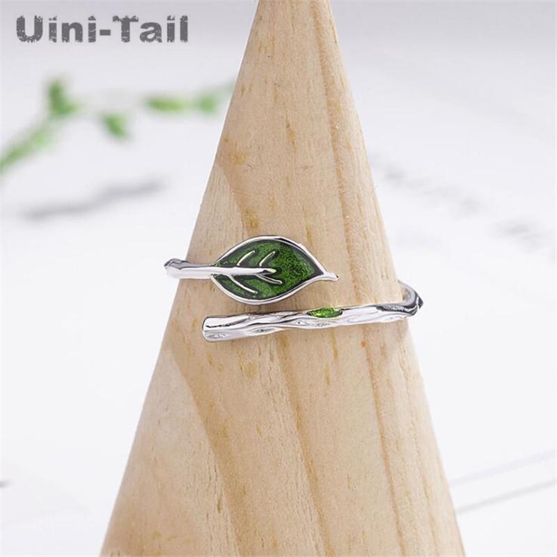 

Uini-Tail hot new 925 sterling silver art small fresh branch green leaf ring Creative simple opening adjustable ring GN385