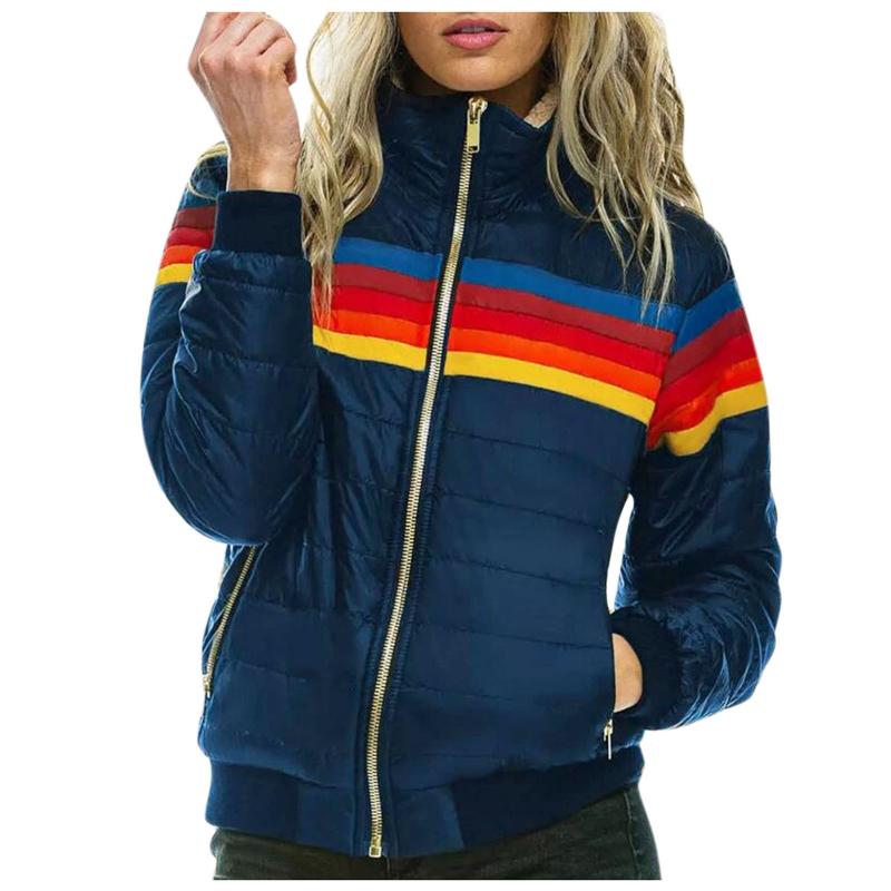 

Women's Jackets 2022 Women Winter Thin Hooded Jacket Cotton Stripe Rainbow Printed Parka For Plus Size Coat #T2G, Blue