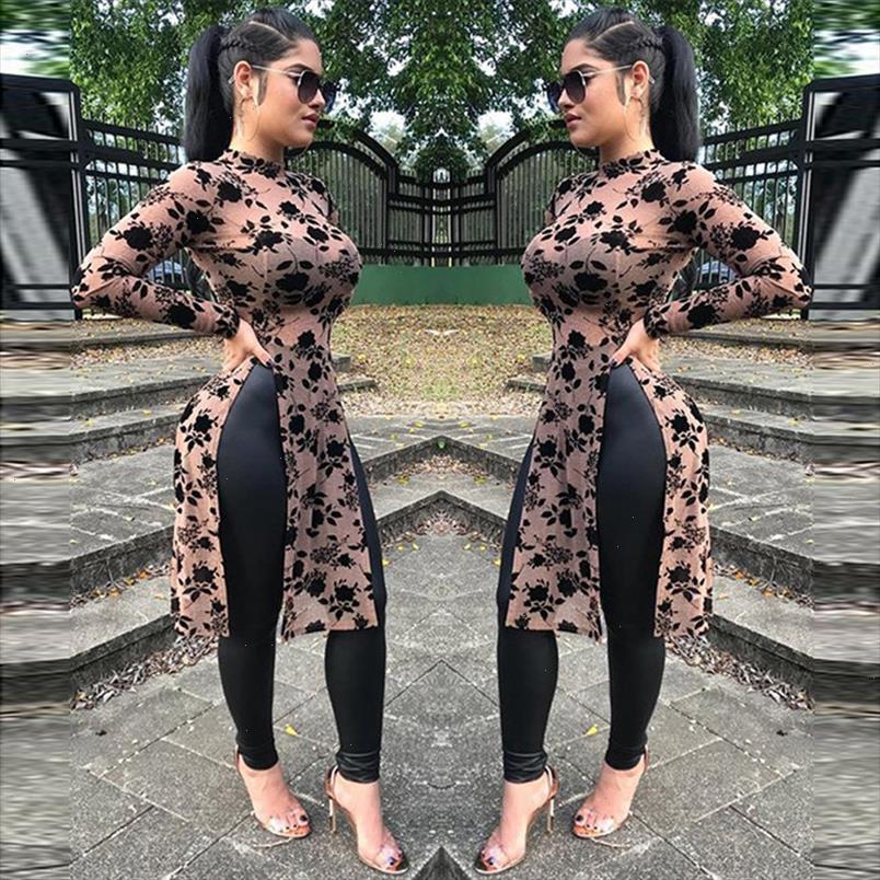 

2021 spring women fashion mesh print long high collar high split casual shirts long sleeve womens shirts roupas feminina, White