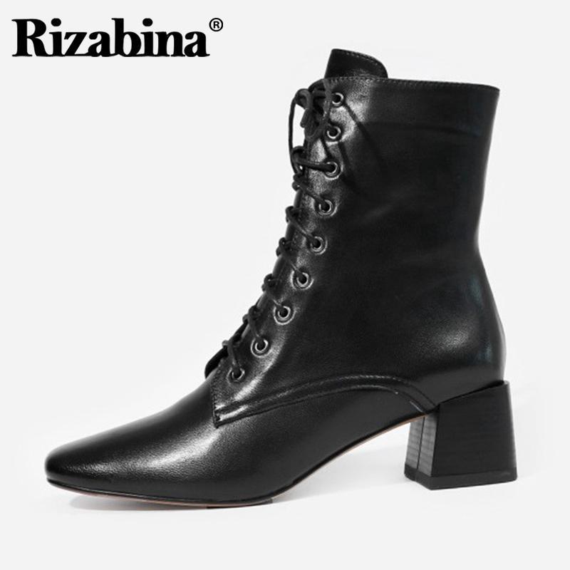 

Rizabina Women Short Boots Real Leather Thick Heel Zipper Woman Shoes Winter Fashion Office Ladies Footwear Size 34-391, Black