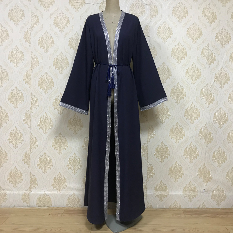 

Plus Size Muslim Open Abaya Dress Women Dubai Arab Loose Open Long Robe Lace-up Rhinestone Hijab Dresses Outwear Islamic Clothes, Black;gray