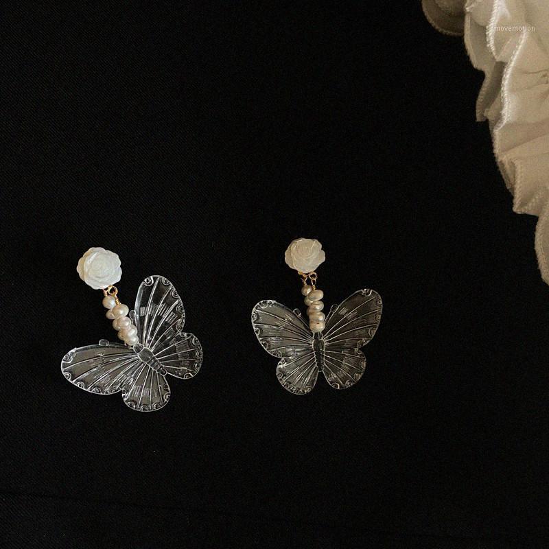 

Vintage Goth Aesthetic Transparent Butterfly Pearl Pendant Acrylic Exaggerated Earrings For Women Egirl Halloween Jewelry1