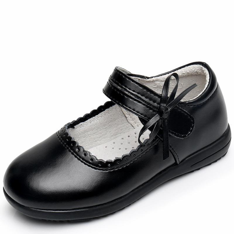 

School Girls Mary Jane Flat Kids PU Leather Black Brogue Dress Flower Wedding White Children Princess Uniform Shoes, Black 8805