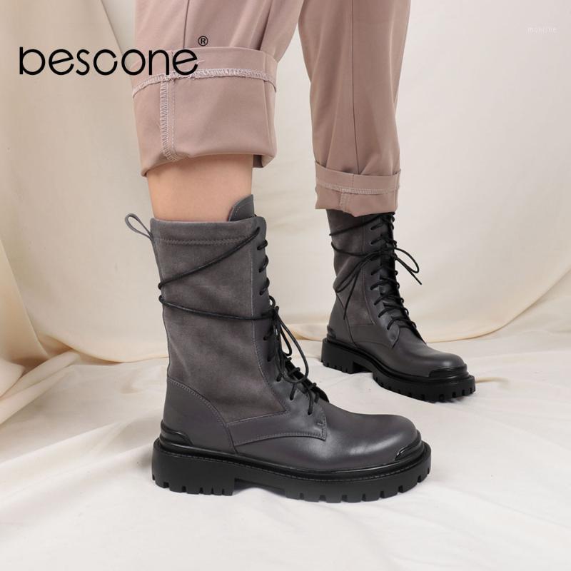 

Bescone Women Ankle Boots Platform Genuine Leather Lace Up Flat Warm Plush Lining Boots Shoes For Lady BC7701, Black