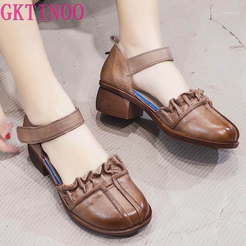 

GKTINOO 2020 Summer Genuine Leather Handmade Sandals Women Thick With Heels Retro Closed Toe Hollow Ladies Women's Leather Shoes1, 6622 black