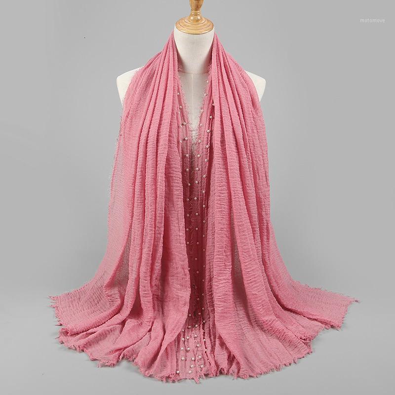 

Cotton Scarf Beads Bubble Pearl Wrinkle Shawls hijab Drape Stitching Fringe Crumple Muslim Spring Autumn Women Long Scarves1