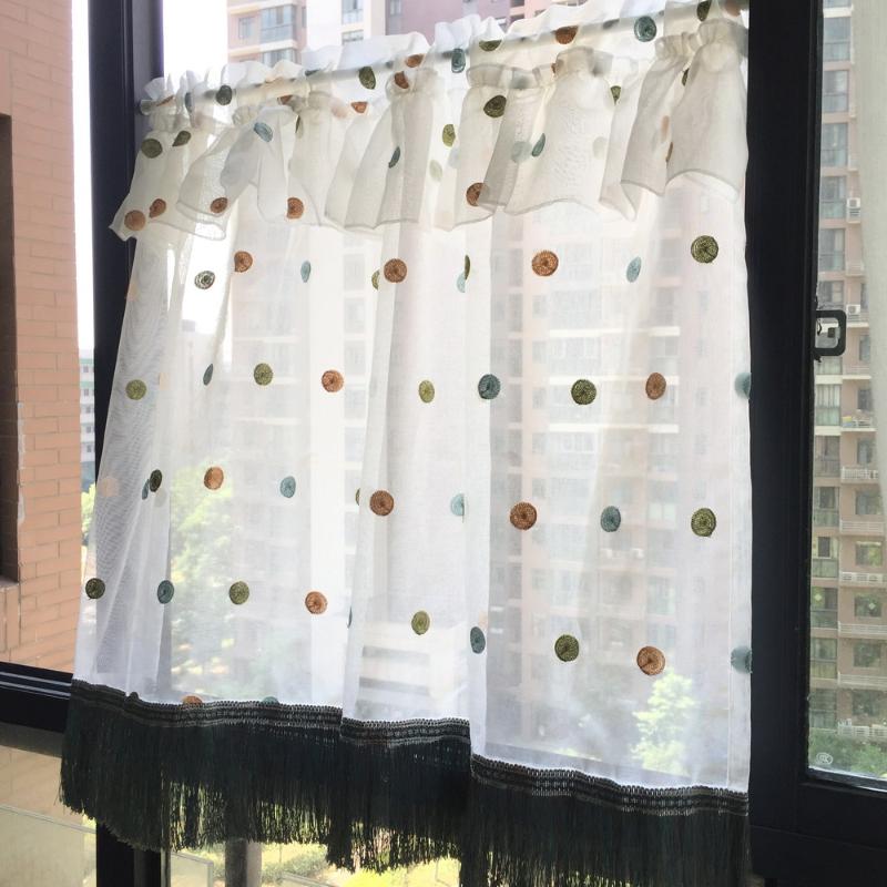 

Cute polka dot embroidered short tulle curtain tassel lace screens for living room bedroom kitchen window decor voile ZH035#4