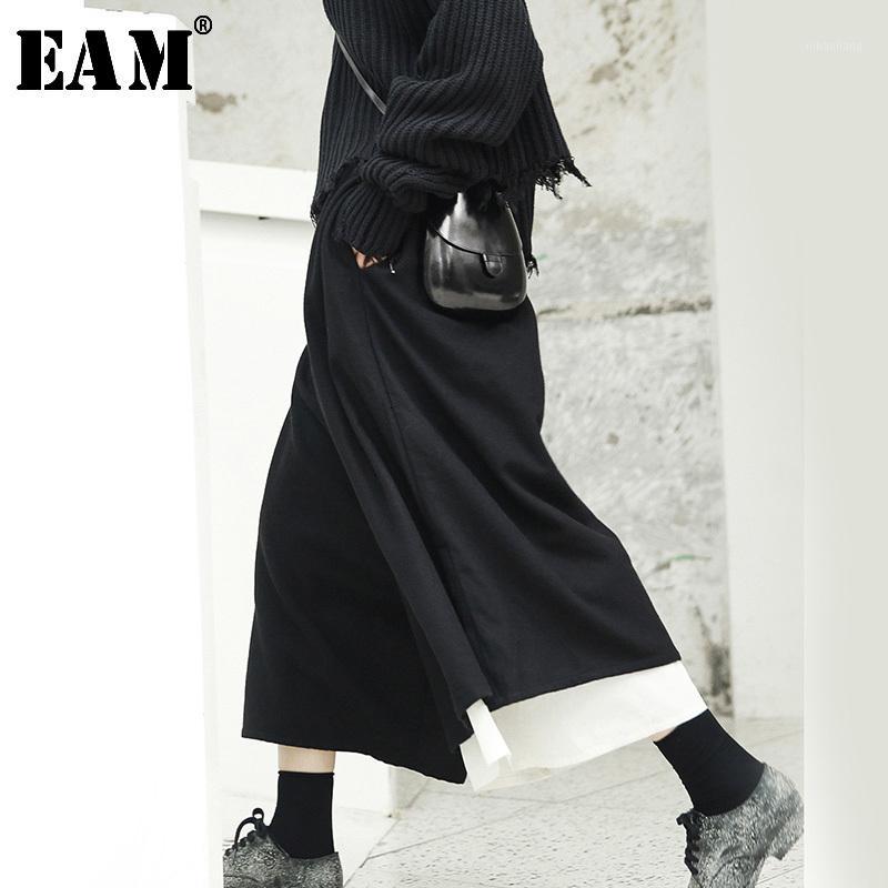 

EAM] High Elastic Waist Contrast Color Long Wide Leg Trousers New Loose Fit Pants Women Fashion Tide Spring Autumn 2020 JI5171, Black