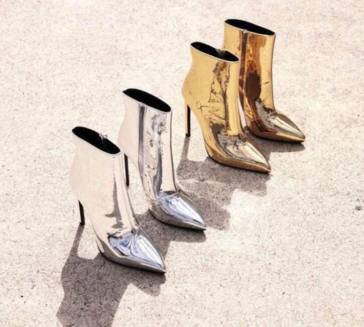 

KAEVE 2021 New Gold Silvery Black/Microfiber Pointed Toe Shoes Ankle Zip Women's Shoes Thin Heels big Size 47 Women's Boot1