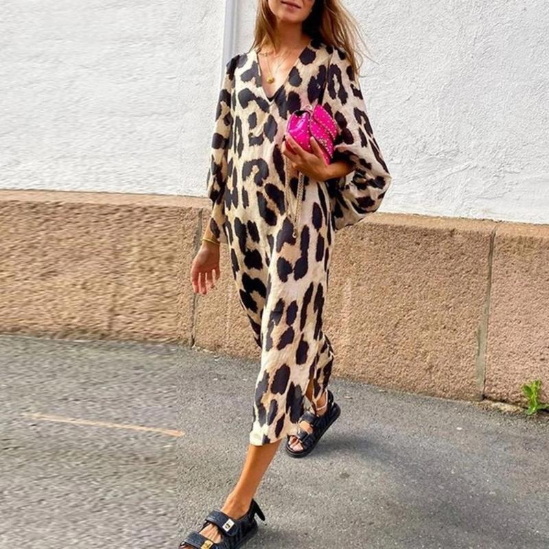 

Autumn New Sexy Leopard Print V Neck Long Dresses Casual Fashion Women Lantern Long sleeves Dresses Loose Elegant Party, Brown