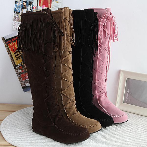 

Autumn Winter Fashion Women Thigh High Boots Round Toe Low Heels Plush Warm Flock Riband Flat Bottom Snow Boots Botas Mujer1, Pink