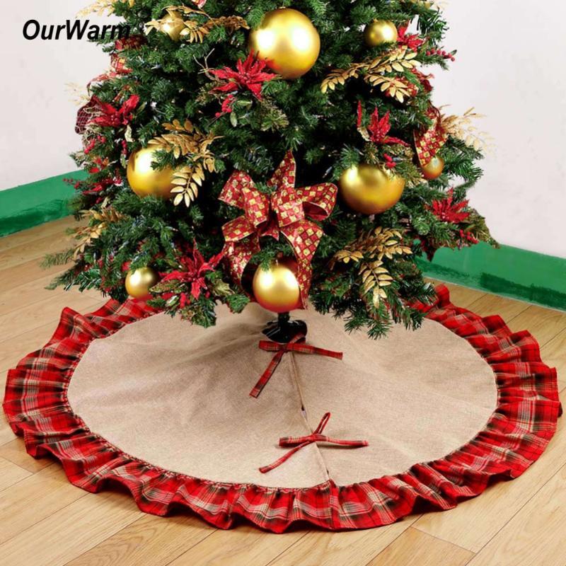 

Wholesale-Ourwarm Pastoral Style Christmas Tree Skirts 48inch Burlap Black and Red Plaid Ruffle Edge Christmas Tree Decorations for Home1