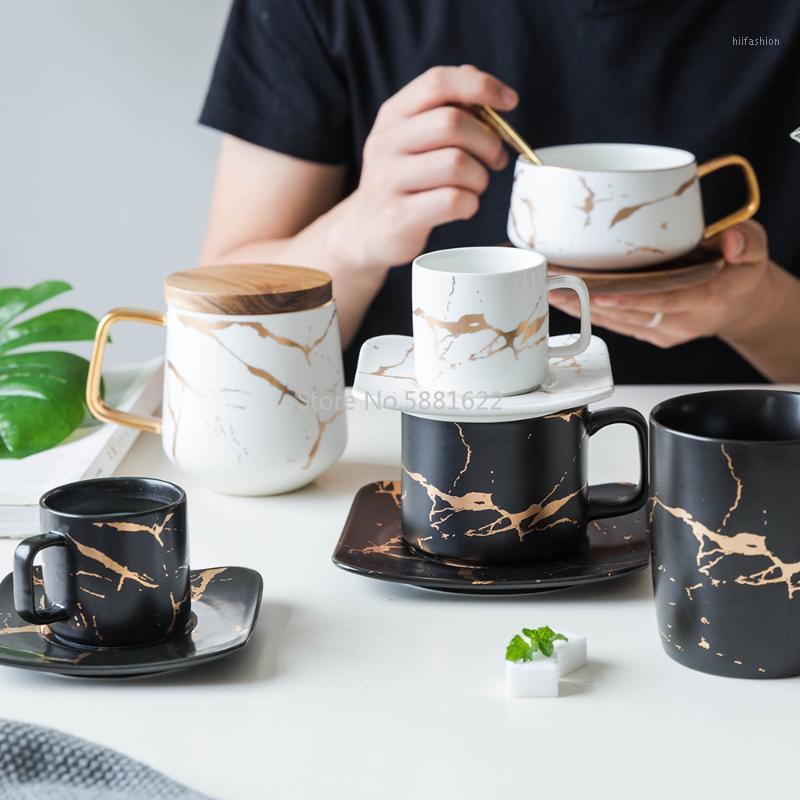 

Ceramic Mugs Milk Coffee Cups Saucer Suit Marble With Wooden Lid Tray Couples Cup Gift Nordic Style1