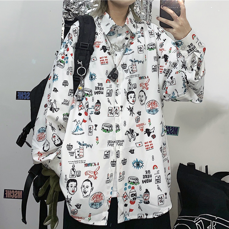 

2021 Vintage Graffiti Women Summer Chiffon Harajuku Cartoon Printed Loose Lapel Long Sleeve Blouse Oversize Shirt Lmll, White
