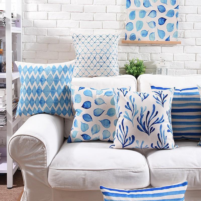 

Mediterranean Watercolor Blue Christmas Pillow Cover Geometric Linen Cushon Cover Sofa Home Decorative Throw Pillows1, E 45x45cm