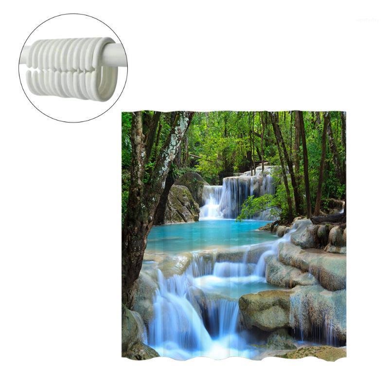 

180*180cm Waterproof Anti-mildew 3D Waterfall Bathroom Shower Curtain Window Curtain Bath Mat With Hooks1