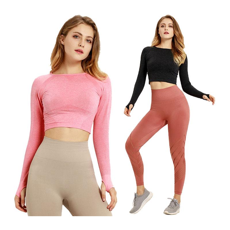 

Yoga Crop Top Sexy Sports Long Sleeve Womens Fitness Running Sportswear Shirts Quick Dry Seamless Gym Top, Black
