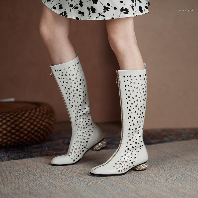 

2021 New High-tube Women's Boots Cowhide Low-heel Boots Hole Shoes Fashionable and Comfortable Women Party Shoes 33-441, Creamy-white