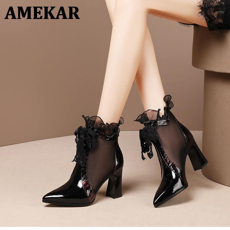 

Mesh Sandals Boots Woman 2021 High Heels Ankle Summer Boots Lace Shoes Pointed Toe Sexy for Female Blue Wine - Red Square Heel1