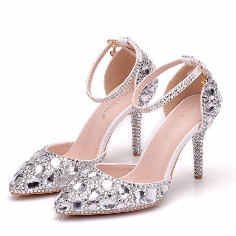 

2020 Womens White High Heels Shoes for Women Man-made Diamond Wedding Shoes Thin Heel Pointed Buckle Sandals Bride Pumps1, 9cm