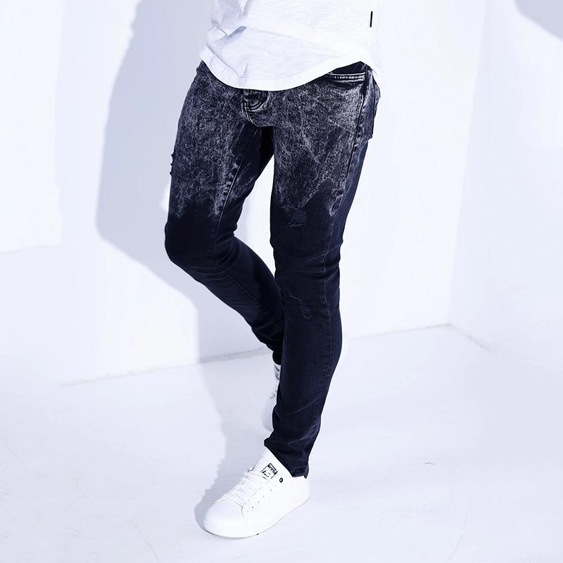 

Men' new stylish slim jeans ripped print casual simple young black blue trousers