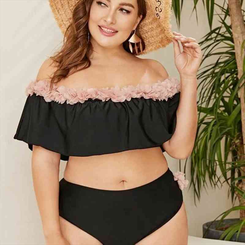 

plus size ruffled bikini women shoulder off swimsuit high waist swimwear large sizes bathing suit 3d flower high waisted bikini, White;black