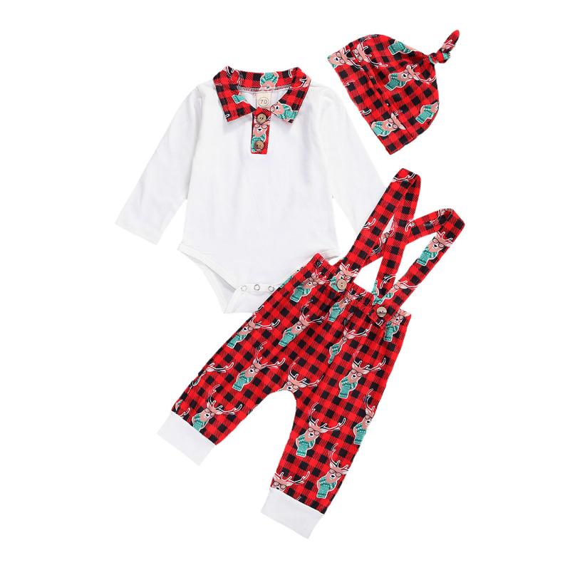 

Three Piece Baby Newborn Sets Casual Lapel Long Sleeve Romper Printed Suspender Pants +Hat Infant Toddler Girls Boys Sets 0-24M, As pic