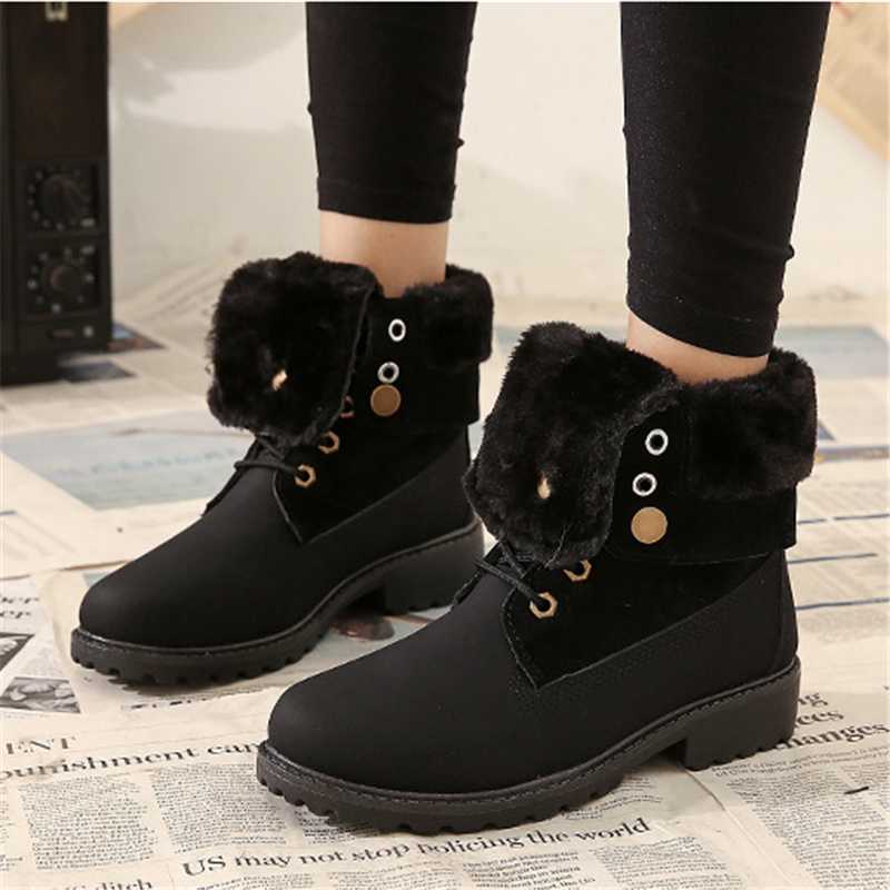 

2020 Winter Women Snow Boots Fashion Lace up Non-slip wear-resistant Comfortable Warm British style Women Snow Ankle Boots, Black