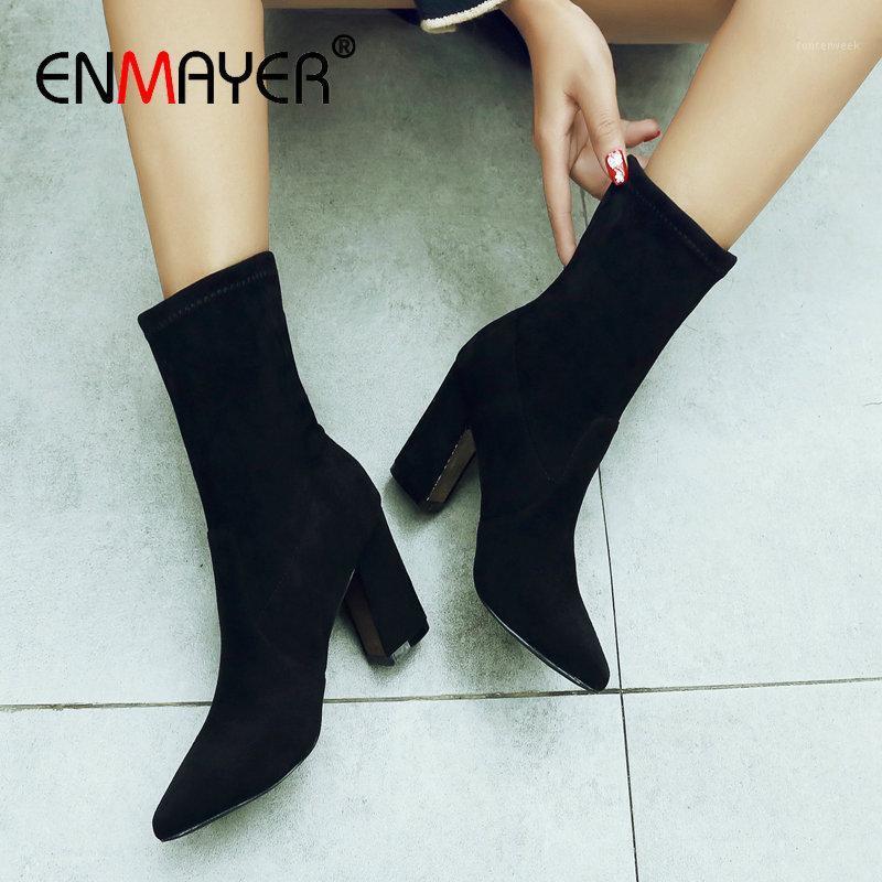 

ENMAYER 2020 Stretch Fabric Sock Boots Flock Ankle Boots Zip Winter Women Round Toe Square Heel Women Shoes Size 34-431, Black