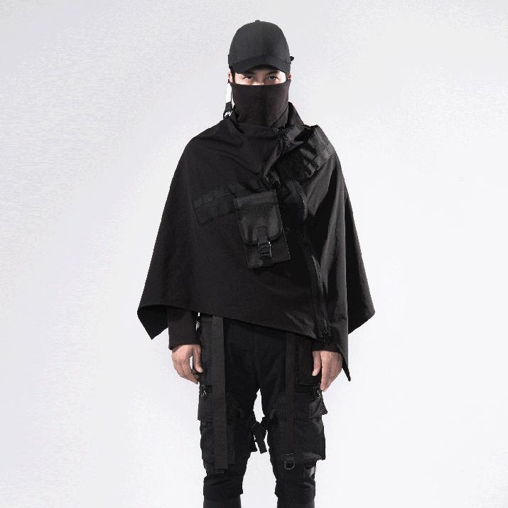 

Men's Trench Coats PUPIL TRAVEL Techwear Cape Tactical Poncho Cyber Style Cloak1, Black